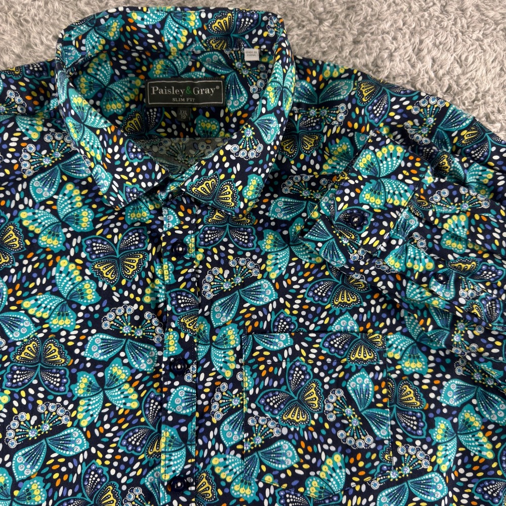 Paisley & Gray Mens XXL Slim Fit Butterfly Print Button Down Shirt Teal Blue